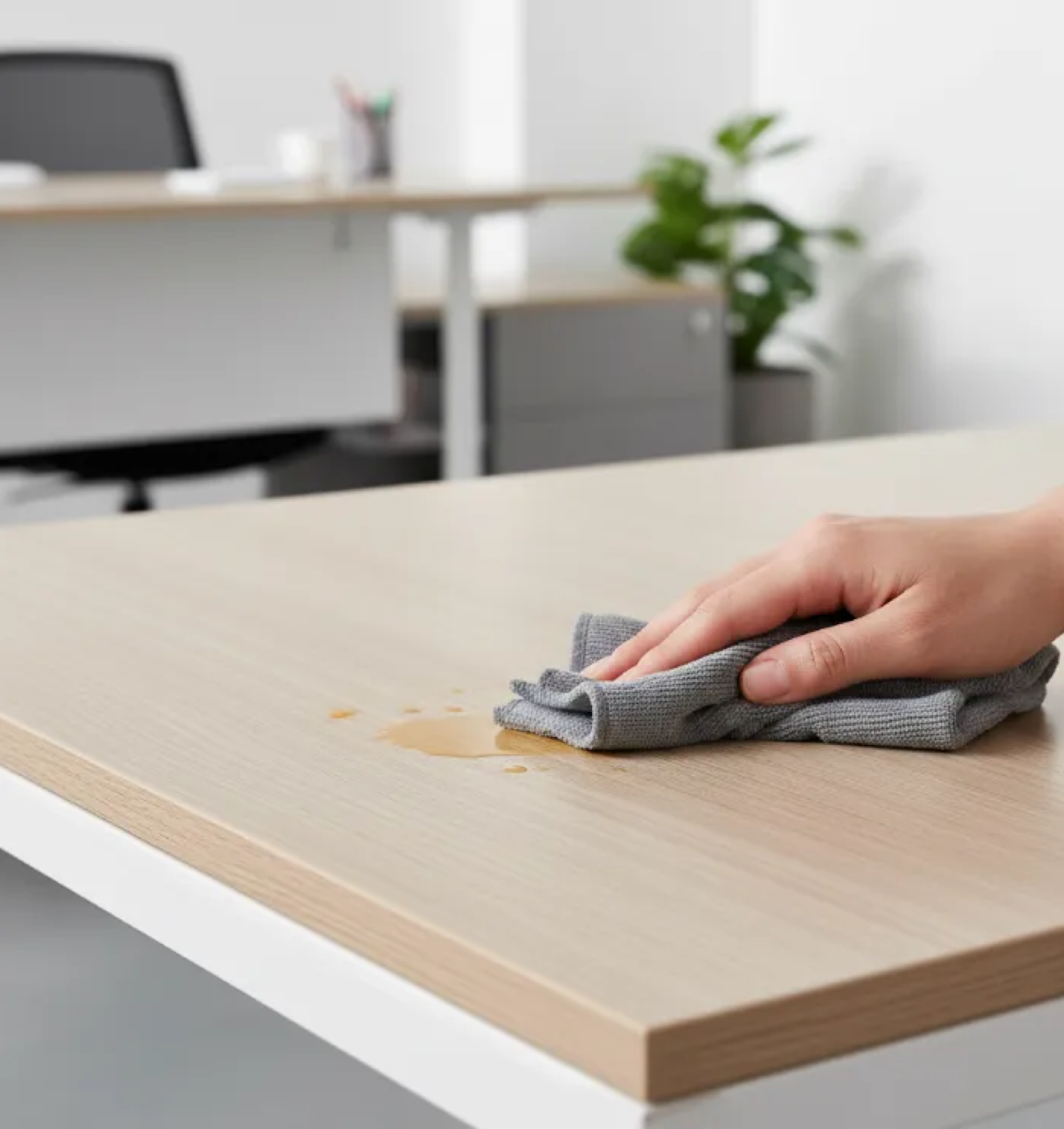 Hand holding a phone showing the Symart app with wooden coffee tables